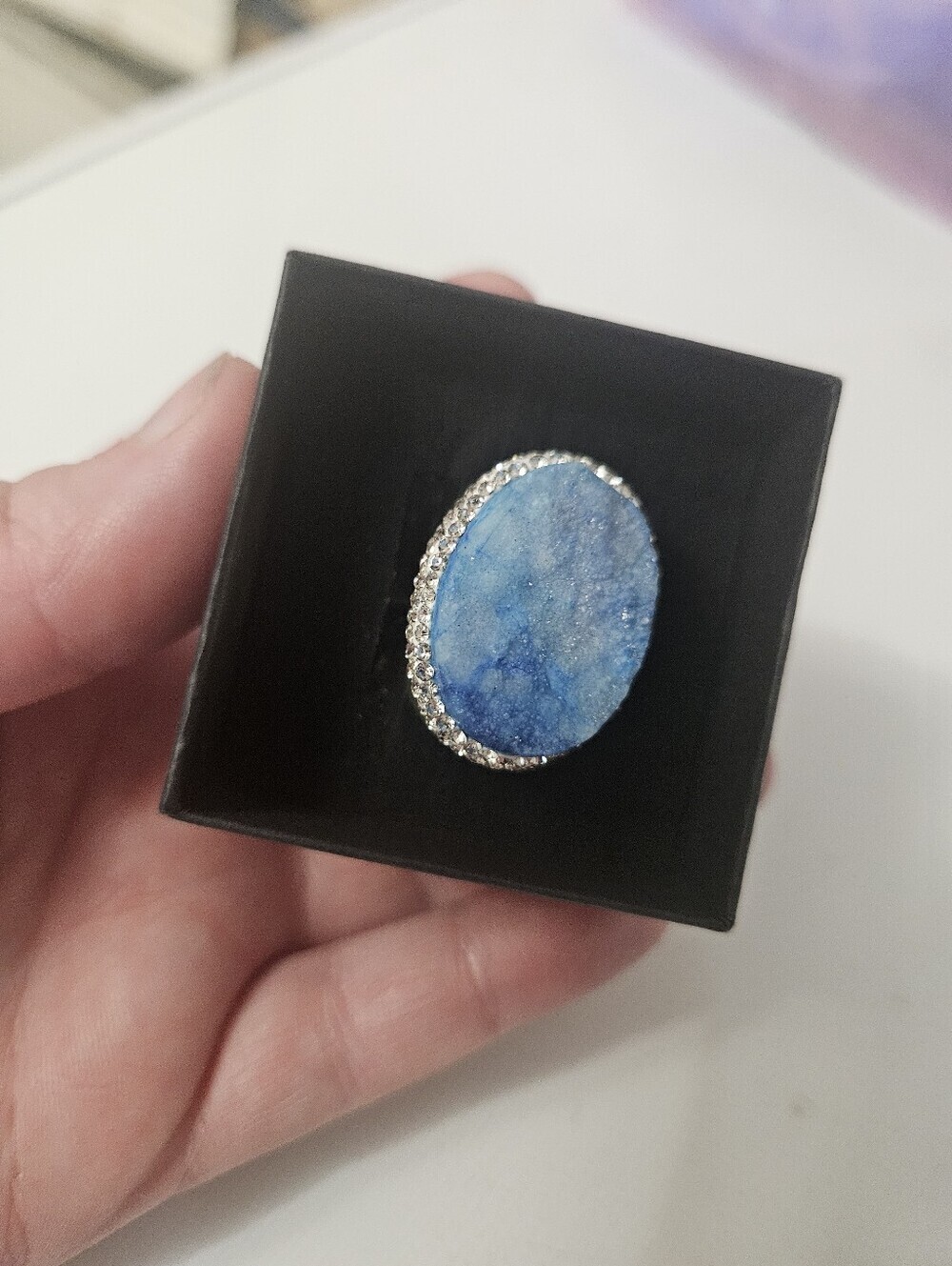 Blue Apatite Adjustable Druzy Gold Tone Cuff Ring Surrounded In CZ!